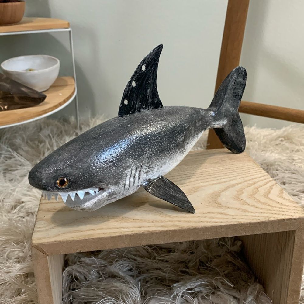 Handcrafted & Hand Painted Folk Art Wood & Metal Shark W/Overbite Spearing Decoy